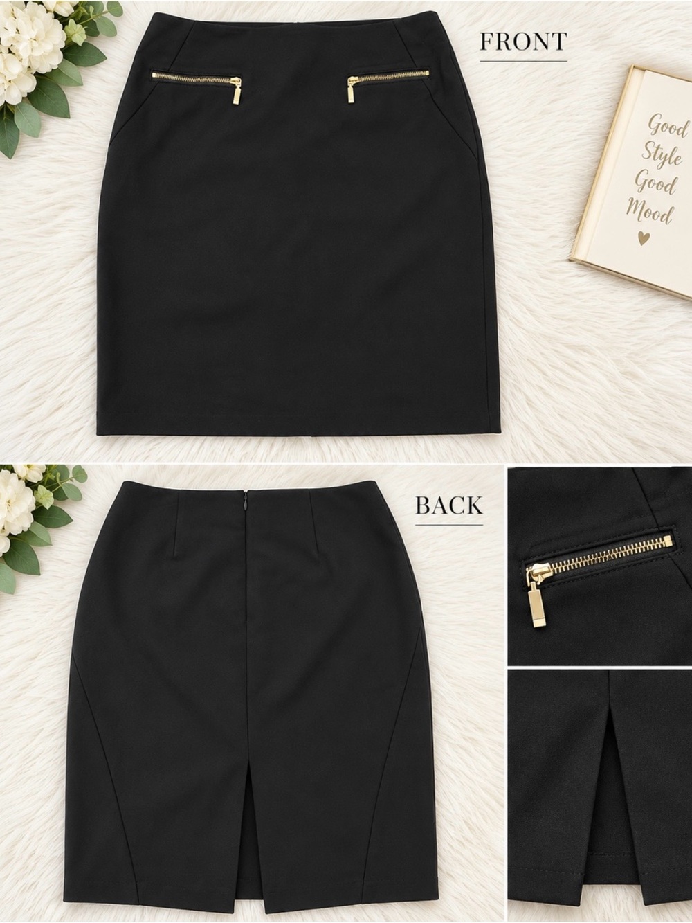 Tommy Hilfiger Black Pencil Skirt with Gold Zip Accents